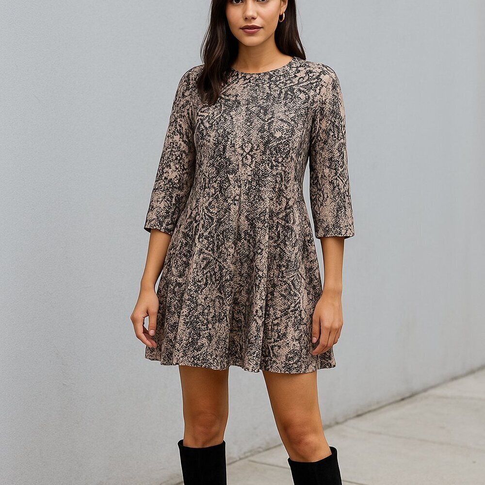 Zara Snakeskin Print Mini Dress 3/4 Sleeve Neutral Tones Size M
